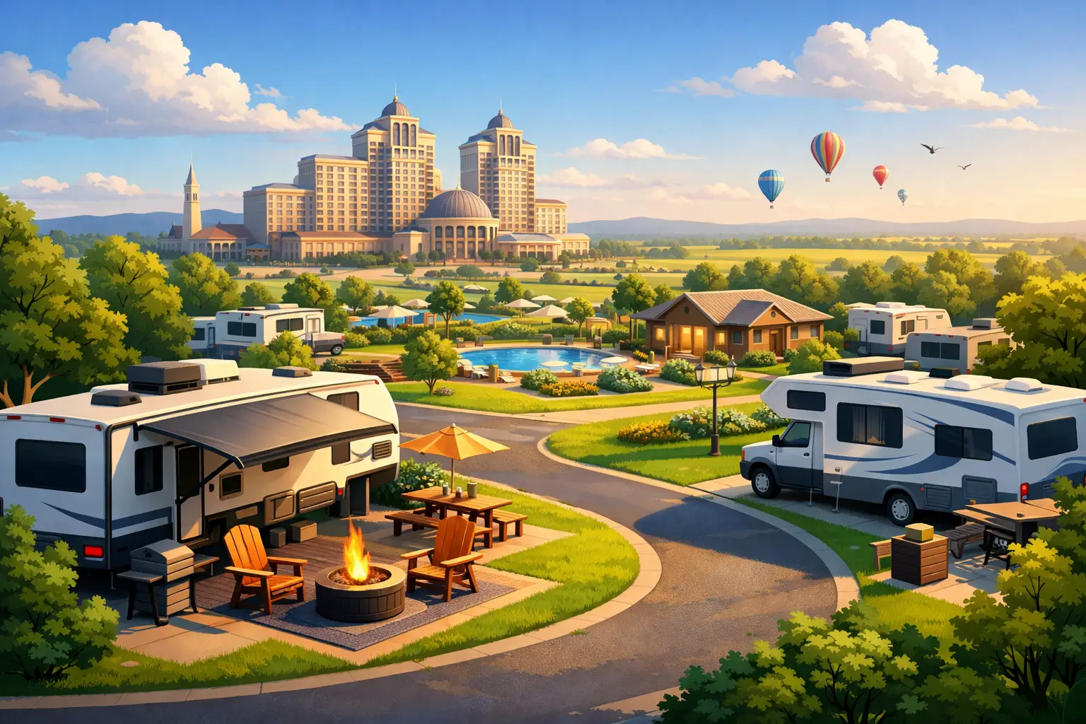 Long-term monthly RV park near WinStar World Casino — full hookup pull-thru sites with views of the casino in the distance